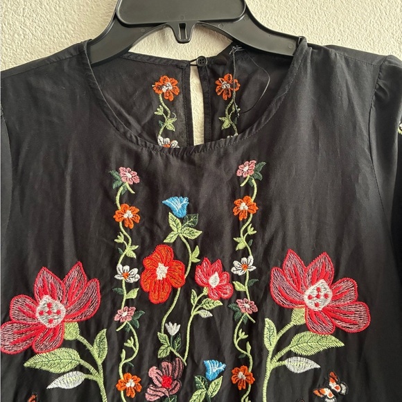Zara Black Mini Ruffle Tunic Dress With Colorful Floral Embroidery Design XS - Picture 9 of 12